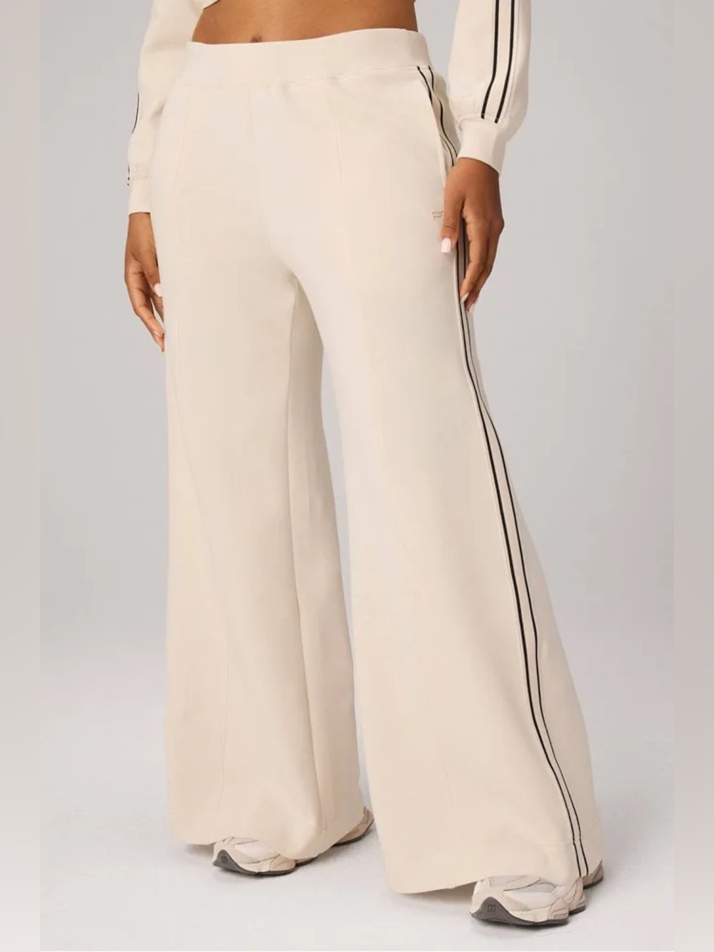 FABLETICS Wide Leg Track Pants in Cream with Side Stripe